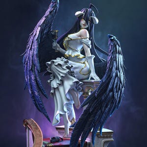 May include: A collectible figurine of a long-haired character with large black feathered wings, wearing a white dress with gold trim, holding a dark glass, and sitting on a white staircase with a red carpet runner. The text TANUKI FIGURES is visible.