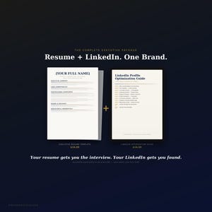 Puede incluir: Se muestra una plantilla de currículum profesional y una guía de optimización de perfil de LinkedIn sobre un fondo azul oscuro. El texto dice "Currículum + LinkedIn. Una marca". La plantilla de currículum cuesta 16,99 $.