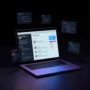 May include: A laptop displaying a "Tech Resume" interface with a profile picture and a list of names. Several floating windows show lines of code. The laptop has a black keyboard and a silver frame. The background is dark.
