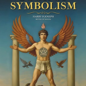 Op de afbeelding: Boekomslag met een gespierde figuur met grote oranje vleugels, een ster symbool op de borst en een vlam boven het hoofd. De titel "BOOK OF SYMBOLISM" staat bovenaan, met de naam van de auteur en de ondertitel eronder.