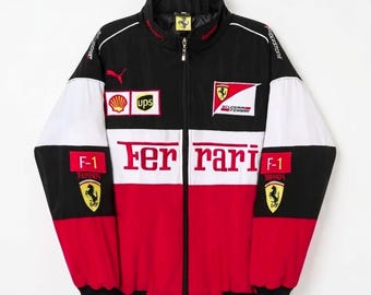 Jaqueta bomber vintage Ferrari F1 bordada - Vermelha, preta e branca, mistura de algodão, para fãs.