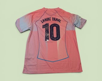 Lamine Yamal Autographed Jersey with COA, Signed Pink Barcelona Style Soccer Shirt, Football Memorabilia, Collectible Fan Gift, Wall Decor