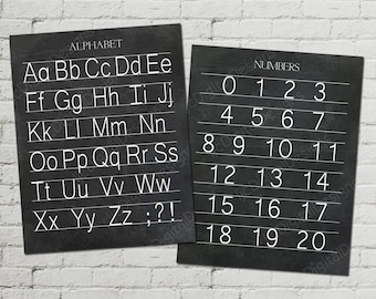 Printable Vintage Alphabet and Numbers Manuscript Print Classroom Poster Digital Chalkboard Word Art 16x20 - INSTANT DOWNLOAD