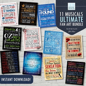 HUGE Printable Set Broadway Musical Quotes, Word Art Poster, Fan Art, Hamilton, Wicked, Music Man, 11x14, 8x10 INSTANT DOWNLOAD