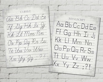 Vintage Farmhouse Alphabet Classroom Poster Digital Word Art 16x20 - Cursive and Print Manuscript - INSTANT DOWNLOAD