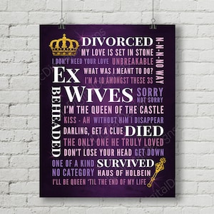 May include: Purple background with white text that reads "DIVORCED", "MY LOVE IS SET IN STONE", "I DON'T NEED YOUR LOVE UNBREAKABLE", "WHAT WAS I MEANT TO DO?", "I'M A 10 AMONGST THESE 3S", "EX WIVES SORRY NOT SORRY", "I'M THE QUEEN OF THE CASTLE", "KISS - AH WITHOUT HIM I DISAPPEAR", "DARLING, GET A CLUE DIED", "THE ONLY ONE HE TRULY LOVED", "DON'T LOSE YOUR HEAD GET DOWN", "ONE OF A KIND SURVIVED", "NO CATEGORY HAUS OF HOLBEIN", "I'LL BE QUEEN 'TIL THE END OF MY LIFE".