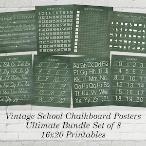 Printable Vintage Green Alphabet and Numbers Classroom Homeschool Posters Bundle Set Digital Chalkboard Word Art 16x20 - INSTANT DOWNLOAD