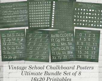 Printable Vintage Green Alphabet and Numbers Classroom Homeschool Posters Bundle Set Digital Chalkboard Word Art 16x20 - INSTANT DOWNLOAD