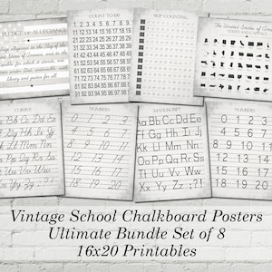 Printable Vintage Alphabet and Numbers Classroom Homeschool Posters Bundle Set Digital Farmhouse Word Art 16x20 - INSTANT DOWNLOAD