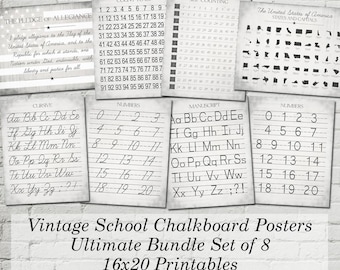 Printable Vintage Alphabet and Numbers Classroom Homeschool Posters Bundle Set Digital Farmhouse Word Art 16x20 - INSTANT DOWNLOAD