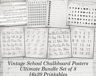Printable Vintage Alphabet and Numbers Classroom Homeschool Posters Bundle Set Digital Farmhouse Word Art 16x20 - INSTANT DOWNLOAD