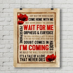 Hadestown Fan Art, Printable Hadestown Musical Quote, Subway Word Art Poster, Wait for Me, I&#39;m coming, 11x14 and 8x10 INSTANT DOWNLOAD