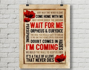 Hadestown Fan Art, Printable Hadestown Musical Quote, Subway Word Art Poster, Wait for Me, I'm coming, 11x14 and 8x10 INSTANT DOWNLOAD