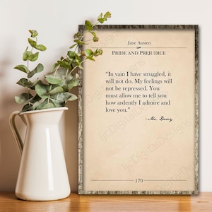 Printable book page wall art, Jane Austen quote, Pride Prejudice, Mr Darcy, vintage literary print, classic literature book page, large size