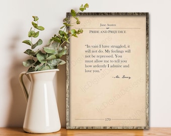 May include: A printable quote from Jane Austen's Pride and Prejudice, featuring the text "In vain I have struggled, it will not do. My feelings will not be repressed. You must allow me to tell you how ardently I admire and love you." - Mr. Darcy. The quote is printed on a vintage-style background with a brown wood frame.