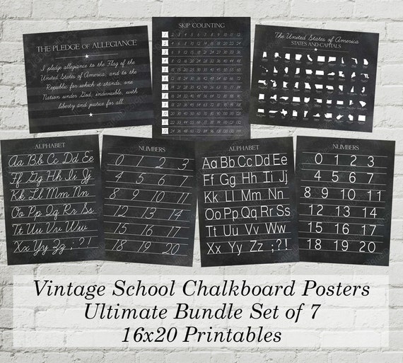 printable vintage alphabet and numbers classroom homeschool posters bundle set digital chalkboard word art 16x20 instant download dexis iberica prints art collectibles