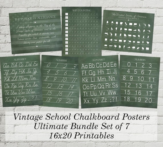 printable vintage alphabet and numbers classroom homeschool posters bundle set digital chalkboard word art 16x20 instant download dexis iberica prints art collectibles