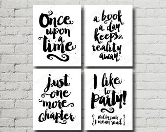 Printable Reading Quotes, Sayings, Book Quotes, Library Wall Art Decor, Black & White, Once upon a time, 8x10 Set of 4 - INSTANT DOWNLOAD