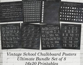 Printable Vintage Alphabet and Numbers Classroom Homeschool Posters Bundle Set Digital Chalkboard Word Art 16x20 - INSTANT DOWNLOAD