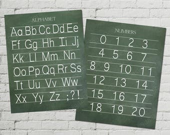 Printable Vintage Alphabet and Numbers Manuscript Print Classroom Poster Digital Chalkboard Word Art 16x20 - INSTANT DOWNLOAD