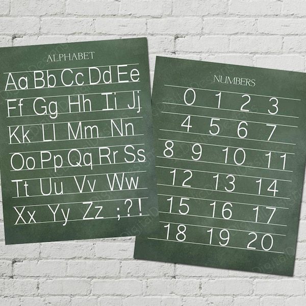 Printable Vintage Alphabet and Numbers Manuscript Print Classroom Poster Digital Chalkboard Word Art 16x20 - INSTANT DOWNLOAD
