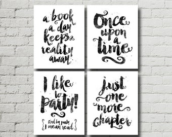 Printable Reading Quotes, Sayings, Book Quotes, Library Wall Art Decor, Black watercolor, 8x10 Set of 4 - INSTANT DOWNLOAD