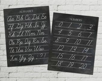 Printable Vintage Alphabet and Numbers Cursive Classroom Poster Digital Chalkboard Word Art 16x20 - INSTANT DOWNLOAD