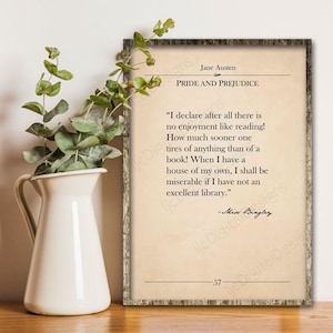 Printable book page wall art, Jane Austen quote, Pride Prejudice, reading, vintage literary print, classic literature book page, large size