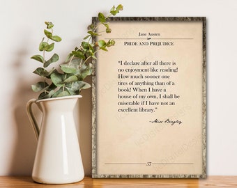 Printable book page wall art, Jane Austen quote, Pride Prejudice, reading, vintage literary print, classic literature book page, large size