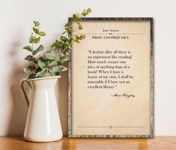 Printable book page wall art, Jane Austen quote, Pride Prejudice, reading, vintage literary print, classic literature book page, large size