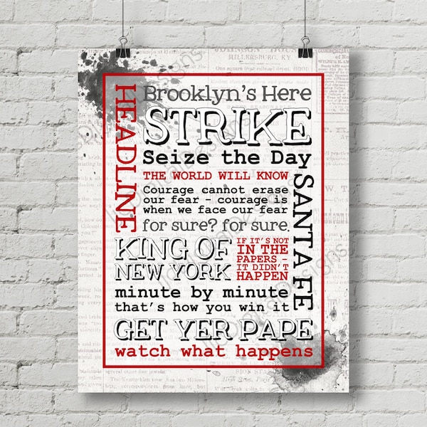 Newsies Inspired Fan Art, Printable Newsies Musical Quote Subway Word Art Poster, King of New York, 11x14 and 8x10 INSTANT DOWNLOAD