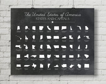 Vintage States and Capitals Classroom Poster Digital Chalkboard Word Art 16x20 - Back to School, Teacher Appreciation Gift, school decor