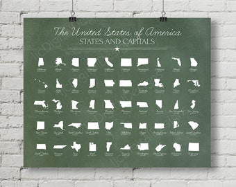 Vintage States and Capitals Classroom Poster Printable Chalkboard Word Art 16x20 - Back to School, Teacher Appreciation Gift, school decor