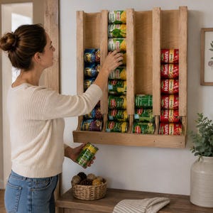 May include: A wooden wall-mounted can organizer filled with canned goods. The organizer has multiple slots for different types of canned food, including corn, beans, and diced tomatoes. A person is seen placing a can into the organizer. A small basket with pinecones sits below.
