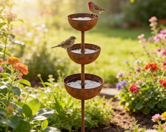 Fuente de metal de 3 niveles para pájaros, estaca rústica para jardín, cascada de agua, pátina de óxido.
