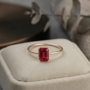10k Solid Yellow Gold Ruby Proposal Ring, Bezel set Wedding Ring, Emerald Cut Engagement Ring, Unique Red Stone Anniversary Ring For Her.