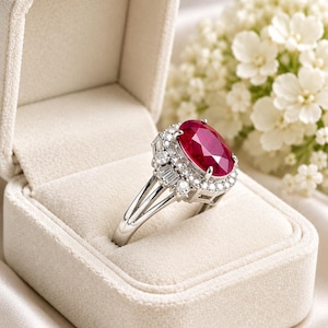 Ruby GF diamanten ring, 8,45 karaat ovale robijn ring, luxe robijn halo ring, statement ring met robijn en diamant, art deco geïnspireerde ring, cocktailring
