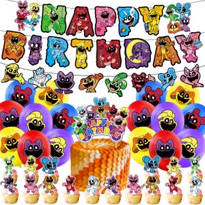 May include: A festive birthday party scene with a cake, cupcakes, balloons, and a banner that reads "Happy Birthday." The decorations feature cartoon animal characters in various colors, including red, yellow, blue, and purple.