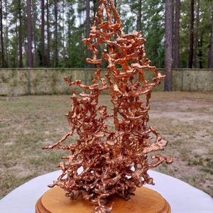May include: A copper-colored metal sculpture with an intricate, branching, and porous structure resembling an ant colony cast. The sculpture is mounted on a circular, light-brown wooden base with a smooth, polished finish and a beveled edge.