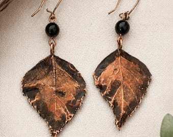 Oorbellen van echte berkenbladeren, met koperen plating, unieke natuurlijke sieraden