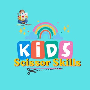 Puede incluir: Imagen con fondo turquesa con las palabras "KIDS Scissor Skills" en letras de colores y un arcoíris. Un niño de dibujos animados corta estrellas con tijeras. La imagen promueve las habilidades de corte con tijeras de los niños.