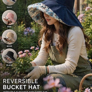 Może przedstawiać: Granatowy, dwustronny kapelusz typu bucket hat z kwiatowym nadrukiem na spodzie. Na zdjęciu kapelusz w kolorze granatowym, różowym, beżowym i czarnym. Tekst brzmi "Dwustronny kapelusz typu bucket hat, wszechstronna elegancja na co dzień."