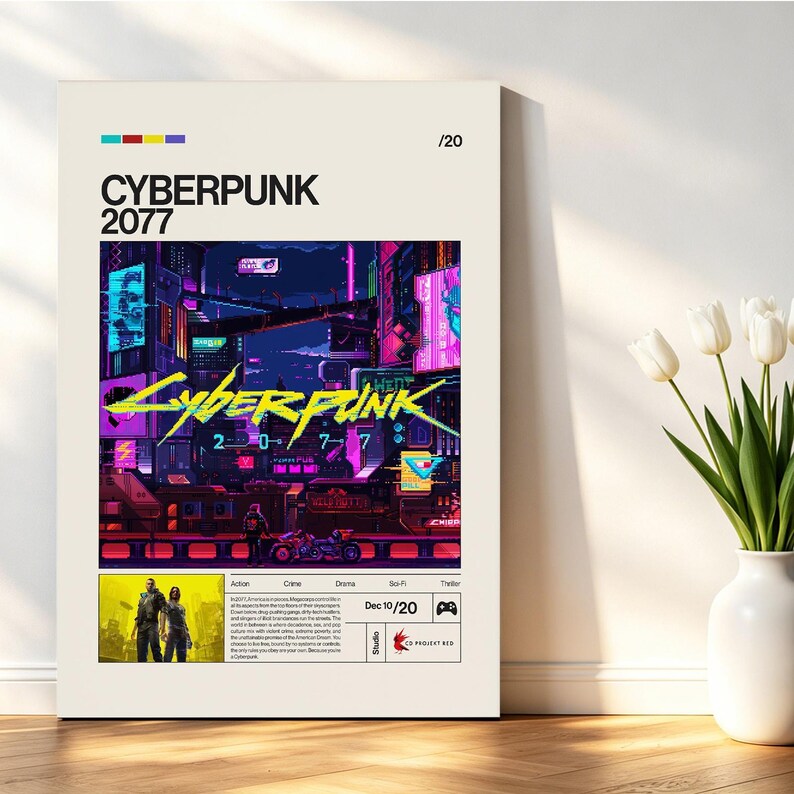 May include: A framed poster featuring the video game "Cyberpunk 2077." The artwork showcases a futuristic cityscape with neon lights and the game's title in bold, stylized lettering. The poster includes the game's release date and studio information.