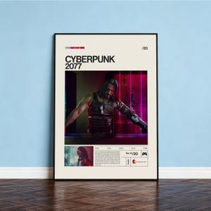 May include: A framed poster for the video game Cyberpunk 2077. The poster features a central image of a character with long hair and cybernetic enhancements. The title "Cyberpunk 2077" is displayed prominently at the top, with additional text and a date at the bottom.
