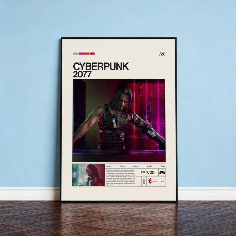 May include: A framed poster for the video game Cyberpunk 2077. The poster features a central image of a character with long hair and cybernetic enhancements. The title "Cyberpunk 2077" is displayed prominently at the top, with additional text and a date at the bottom.