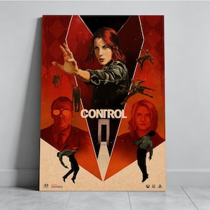 May include: A poster for the video game "Control" features a woman with red hair in a black jacket, with the game's title in white. The artwork has a red and orange colour scheme, with other characters and the game's logo at the bottom.