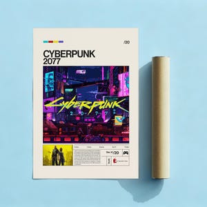 May include: A Cyberpunk 2077 poster with a futuristic city scene in neon colors. The poster includes the game title and a date. A rolled-up poster tube is next to the poster on a light blue surface.