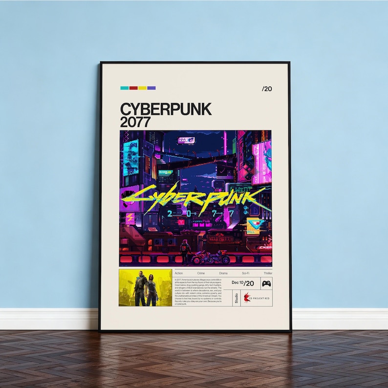May include: A framed poster for the video game Cyberpunk 2077. The poster features a vibrant, neon-lit cityscape with the game's title in large, stylized lettering. Additional text includes the date "Dec 10/20" and the studio's name.
