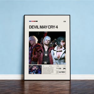 Könnte beinhalten: Gerahmtes Poster für das Videospiel "Devil May Cry 4" mit drei Charakteren. Das Poster hat einen schwarzen Rahmen und einen cremefarbenen Hintergrund mit dem Spieletitel in fetten schwarzen Buchstaben. Die Charaktere sind in der Mitte, mit einem kleineren Bild darunter.