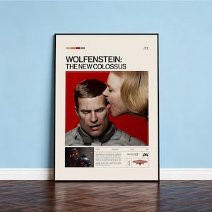 Puede incluir: Póster enmarcado del videojuego "Wolfenstein: The New Colossus". El póster muestra a un hombre con una cicatriz en la cara siendo lamido por una mujer. El póster tiene un fondo rojo e incluye el título del juego y la fecha de lanzamiento.